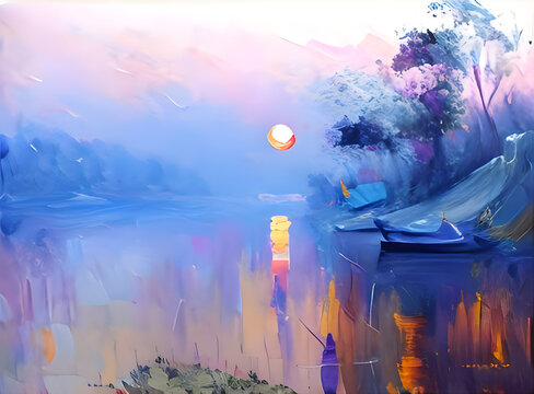 olpntng style, sunset, river, boat, oil painting, heavy strokes, paint dripping © Christy