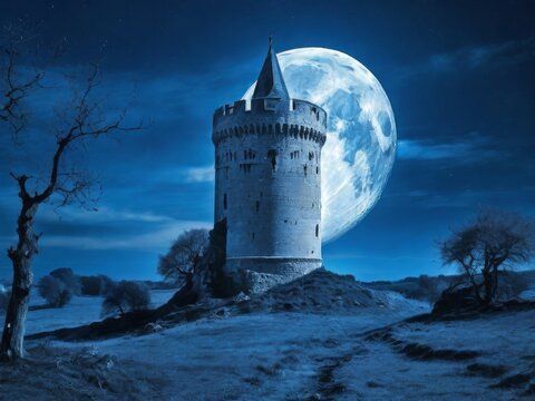 Medeval tower under a blue Moon in ruin schattered landscape