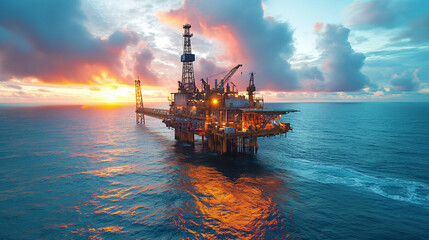 16:9 or 9:16 An oil rig or natural gas rig at sea in extreme weather conditions. - obrazy, fototapety, plakaty