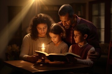 Christian family reading Bible and praying together. - obrazy, fototapety, plakaty