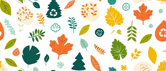 Colorful seamless pattern with leaves and recycling icon