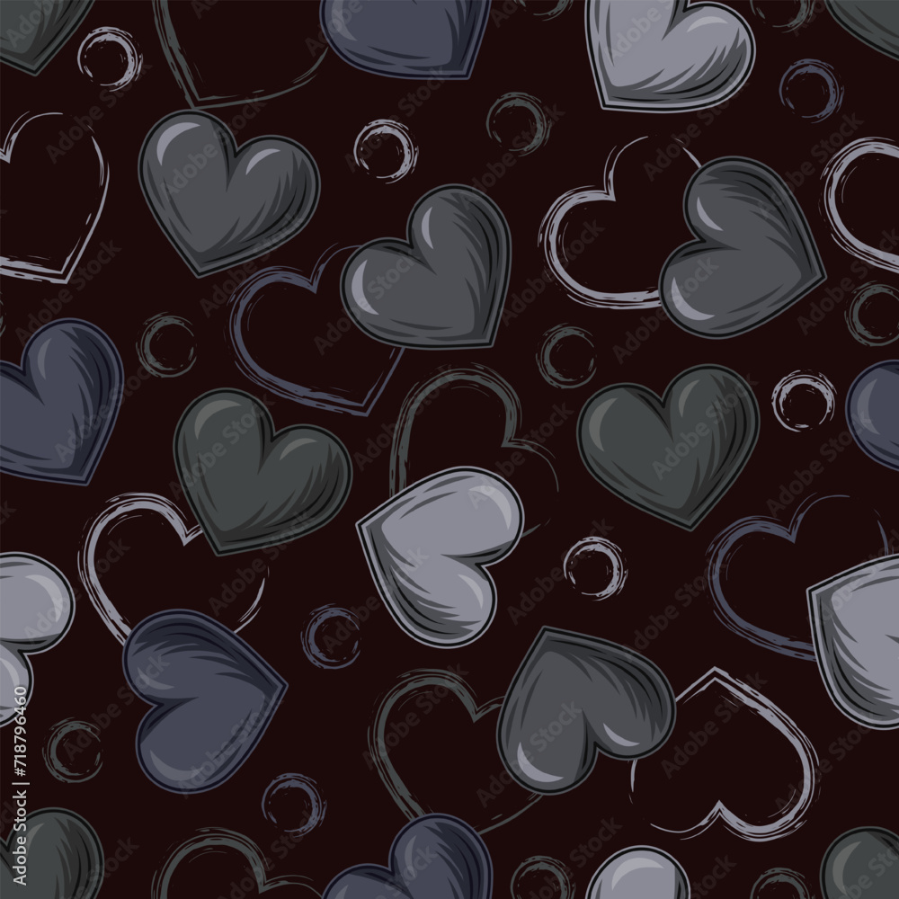 Canvas Prints Camouflage gray pattern with hearts. Grunge outline silhouettes of hearts, circles behind. Dark illustration for woman t shirt design, textile, sport clothing, goods.