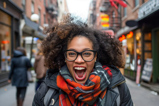 Joyful Young Woman with Glasses and Scarf on City Street