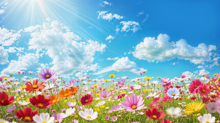 Obraz na płótnie Canvas Field of colorful spring flowers meadow, wildflowers and blue sky with clouds background, hd wallpaper