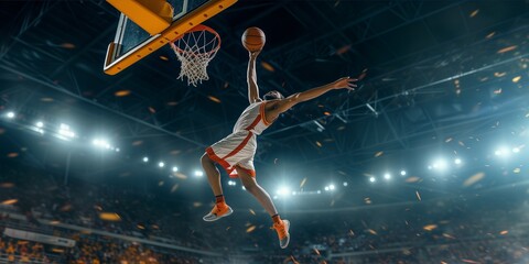Basketball player in red uniform jumping high to make a slam dunk to the basket