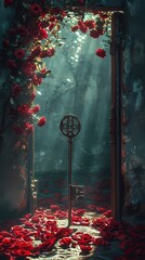 Key to open the lock on red rose petal background