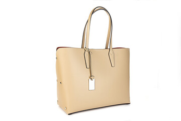 beige leather bag isolated on white background. minimalist purse ,handbag