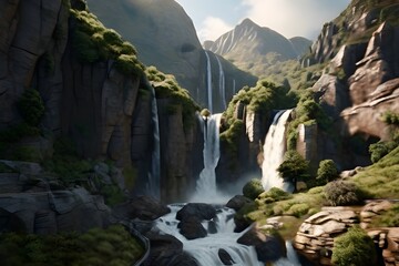 Beautiful scenario of a huge waterfalls surrounded by rocks and mountains