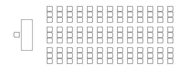 Graphic schema of seats in lectorium, meeting, conference, training, seminar, business event. Desk and chairs icons. Furniture symbols. Auditorium seating plan top view