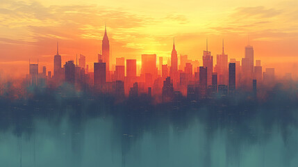 Fototapeta na wymiar Golden Sunrise Over Misty City Skyline with Reflective Water Surface