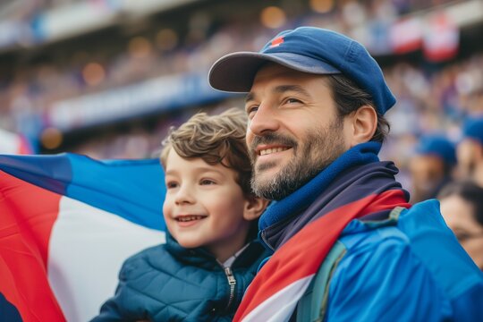 Happy family with french flag on the Stadium