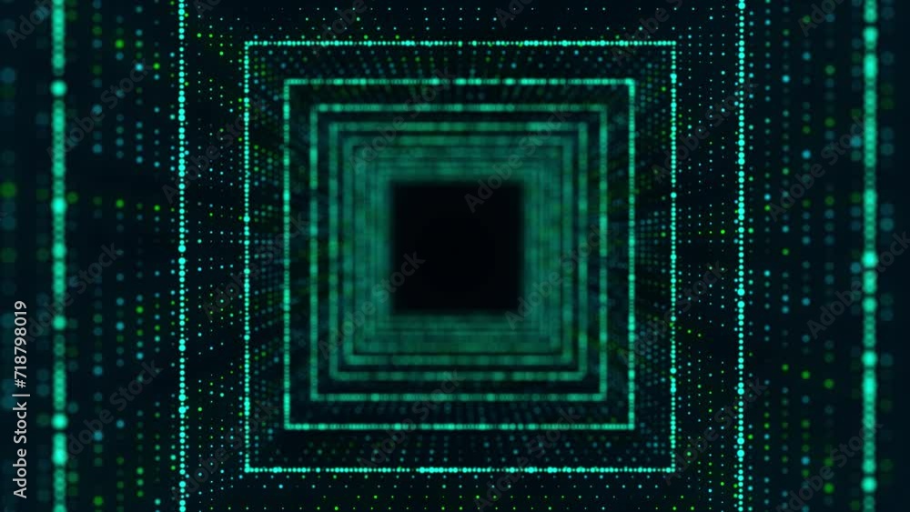 Poster technology wireframe square tunnel on dark background. futuristic 3d wormhole grid. digital dynamic 