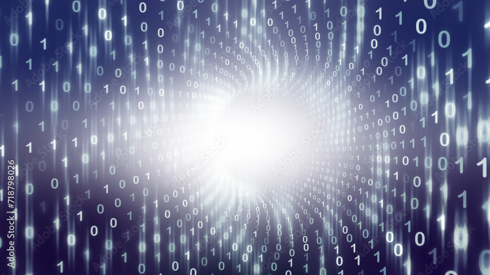 Poster shiny and glowy binary numbers wormhole illustration background.