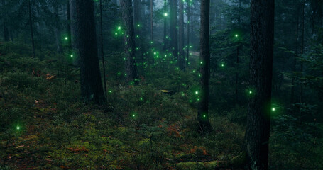 Magical green shiny fireflies flying in fairytale woods.
