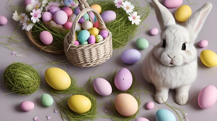 Fototapeta na wymiar Easter Bunny On Purple Backround Decorated With Eggs, Flowers And Chocolates In A Basket.Generative AI