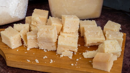 Homemade pecorino cheese with truffle on sale at the Italian food market - 718798859