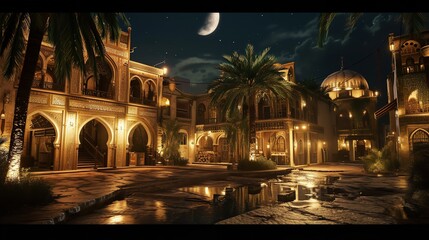 Night view of  Arabian city on Ramadan