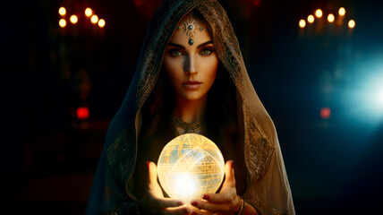 Naklejka premium Young fortune teller with her magic ball