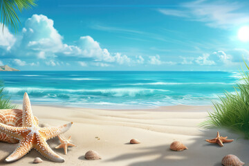 Fototapeta na wymiar Starfish and shells lie on the sand on the ocean shore. Summer background