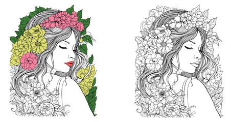 Flower Woman Coloring Page. Monochrome Vector of woman Coloring Page with Beautiful Woman with Flowers