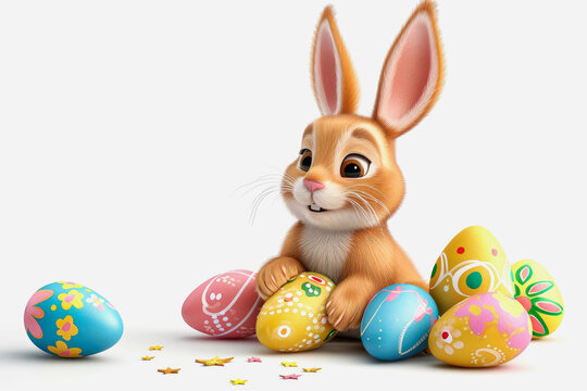 Cute rabbit sitting with colored eggs on a white background. Easter Bunny. 3D illustration