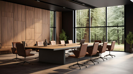 Fototapeta premium the concept of cozy minimalism meeting room design with nature view, interior of a office, interior, table, room, chair, home, furniture, design, house, architecture, luxury, window, wood, chairs