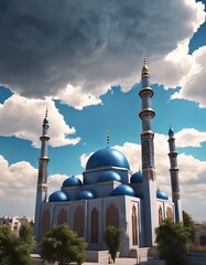 Fototapeta na wymiar Mosque Building With a Blue Sky and Clouds for Eid al-Fitr Background