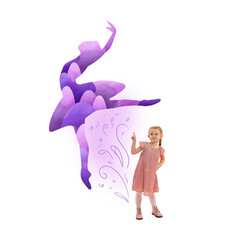 Little girl and silhouette of ballerina dancing. Kid dreaming of becoming famous ballet dancer. Contemporary art collage. Concept of childhood dreams, fantasy, future. Creative conceptual design
