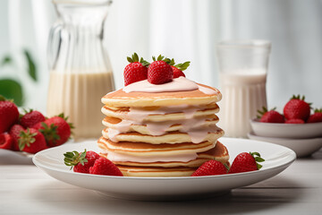 a plate of pancakes with strawberry jam and milk on a white table - obrazy, fototapety, plakaty