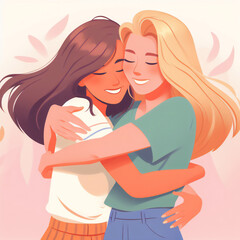 Obraz premium Couple of girls hugging. Concept of friendship, love, sisterhood. Illustration created with artificial intelligence