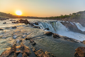 Jabalpur, Madhya Pradesh/India : October 24, 2018 – Dhuandhar waterfall in Narmada river at Bhedaghat, Jabalpur.