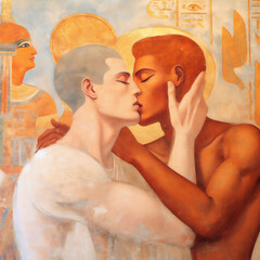 Illustration of a kiss between two boys set in ancient Egypt. Love concept. Made with artificial intelligence