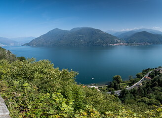 Large panoramic view of Lago Maggiore from a beautifully preserved medieval village Carmine...