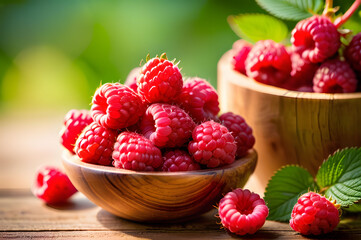 Wooden bowl with fresh, juicy raspberries