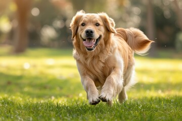 In a park, a golden retriever playing and running. Generative Ai.