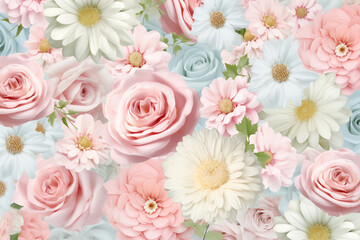 Floral seamless pattern with roses and daisies in soft pastel colors. Generative Ai