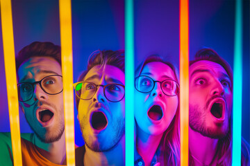 Obraz premium Smiling, shocked, scared - a collage of portraits of young emotional people on multicolored background in neon. Concept of human emotions, facial expression, sales, laughing.
