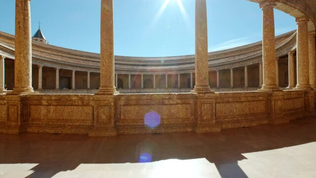 The Alhambra Palace - Revealing the Upper Court of Palace of Charles V, adorned with Renaissance Ionic columns, Granada, Anadalucia, Spain