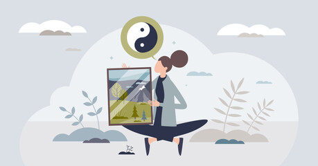Self awareness and mental harmony with body calmness tiny person concept. Psychological mindset with calm confidence, healthy relationship with yourself and mental identity care vector illustration. - obrazy, fototapety, plakaty