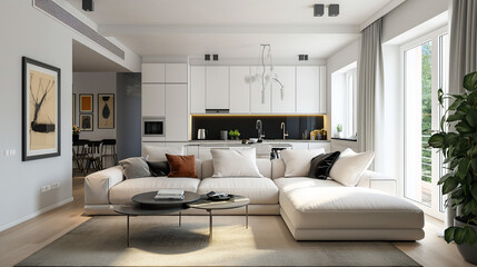 Fototapeta na wymiar Studio apartment with white corner sofa. Generative AI