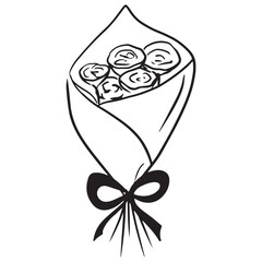 Bouquet of abstract rose tulip peony flowers with wrapping paper and bow made of ribbon in black isolated on white. Hand drawn vector sketch illustration in doodle vintage outline, line art style.