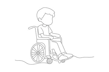 Little boy sitting on wheelchair continuous outline vector. Disability kid one line art drawing.