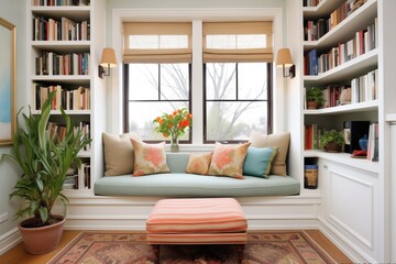 cushioned window seat flanked by floortoceiling bookshelves