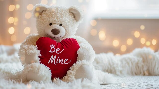 White teddy bear holding a red heart pillow "Be Mine". Romantic video greeting card. Looping video for live wallpaper