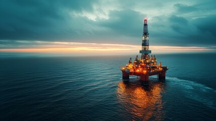 Obraz premium A bird's-eye view of a deep-sea drilling operation amidst calm seas.