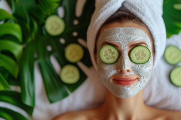 Beautiful woman with moisturizing and nourishing facial mask lying in spa center with towel, cucumber slices on eyes on concrete background. Beauty and relaxing concept.
