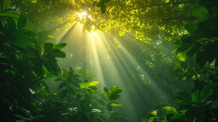 A cascade of sunlight piercing through dense canopy leaves.