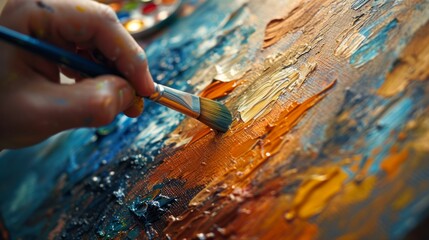 A close-up of a painter's hand delicately applying oil paint to canvas. - obrazy, fototapety, plakaty