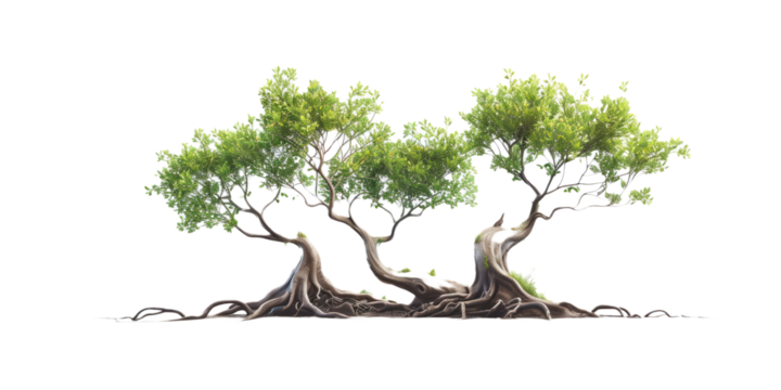 trees with intertwined roots, symbolizing interconnectedness and the importance of a strong foundation against a clean white backdrop.