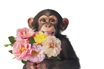 Giggling monkey holding a collection of pastel spring flowers, inspiring a playful and lively spirit, isolated on a white background.